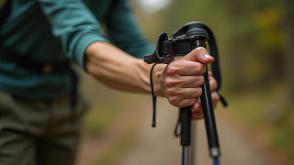 Detailed view showing correct Nordic walking pole grip technique with wrist strap positioning and relaxed hand position