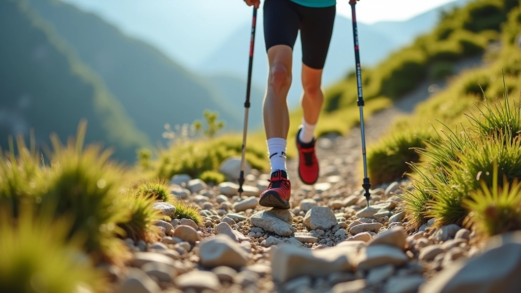 Close-up of Nordic walker feet and poles on rocky alpine trail demonstrating proper downhill descent technique