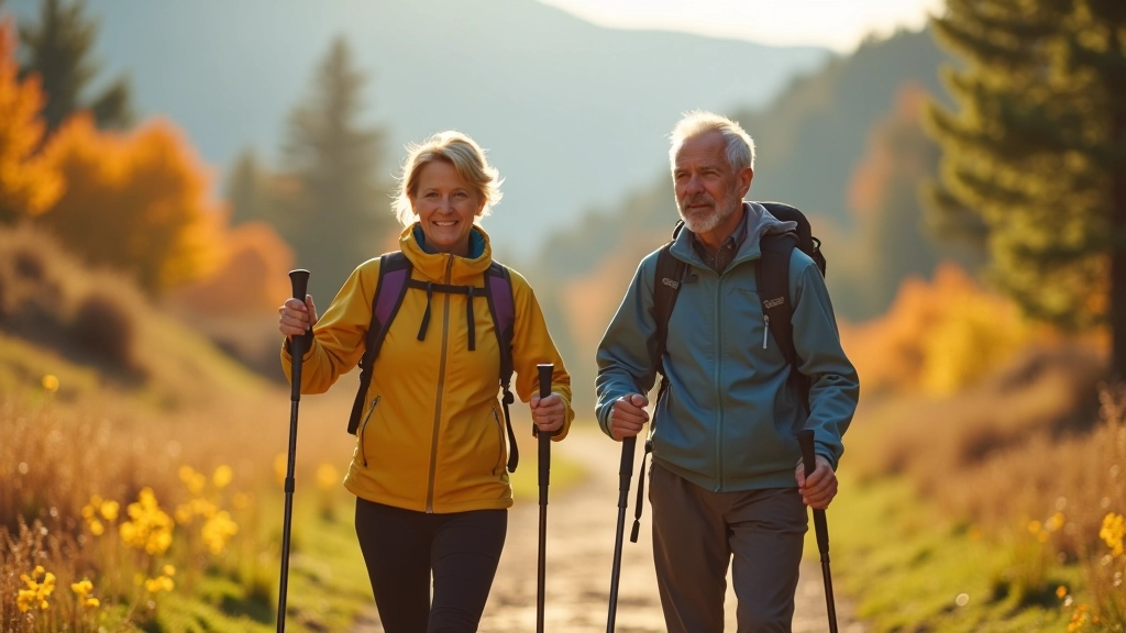 Nordic walking couple on mountain trail with poles in Beskydy mountains during autumn