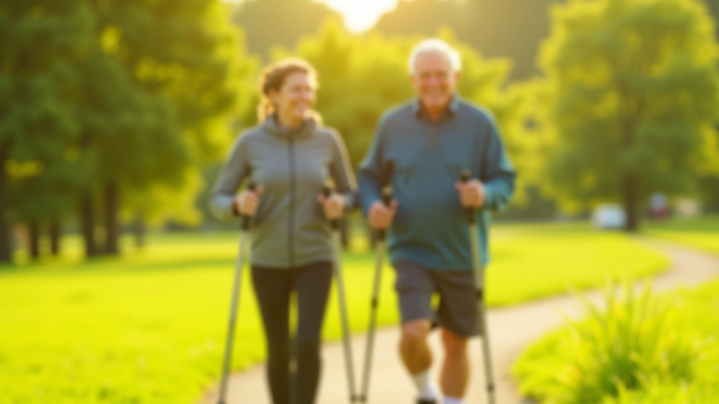 Elderly couple enjoying Nordic walking on flat terrain park trail with green landscape