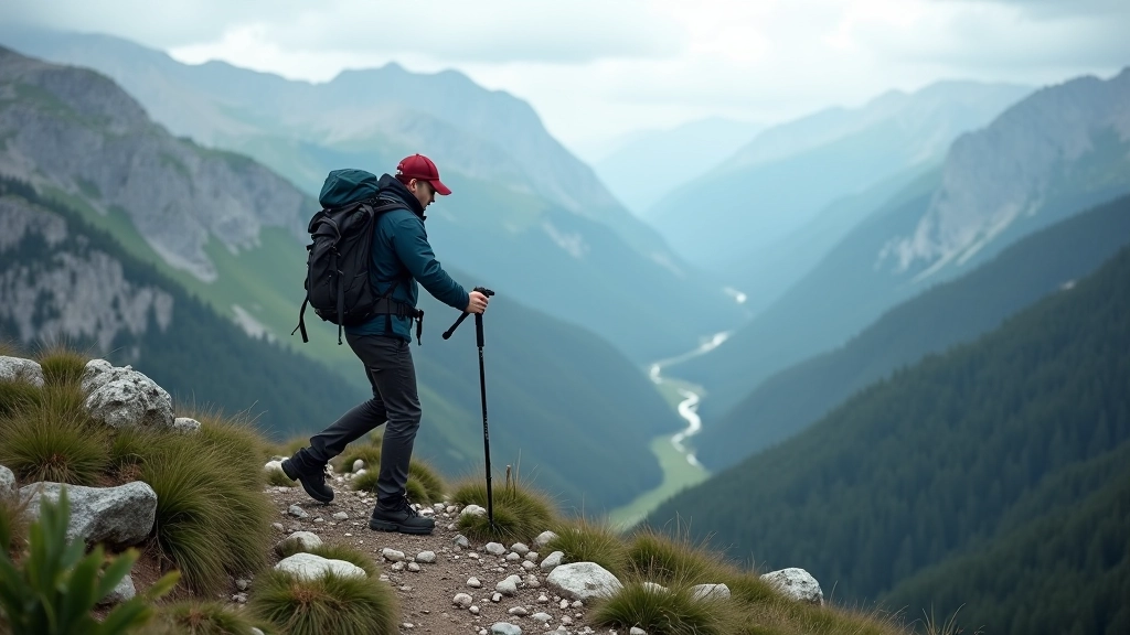 Experienced hiker navigating rocky ridge terrain with Nordic walking poles on steep mountain slope with valley backdrop