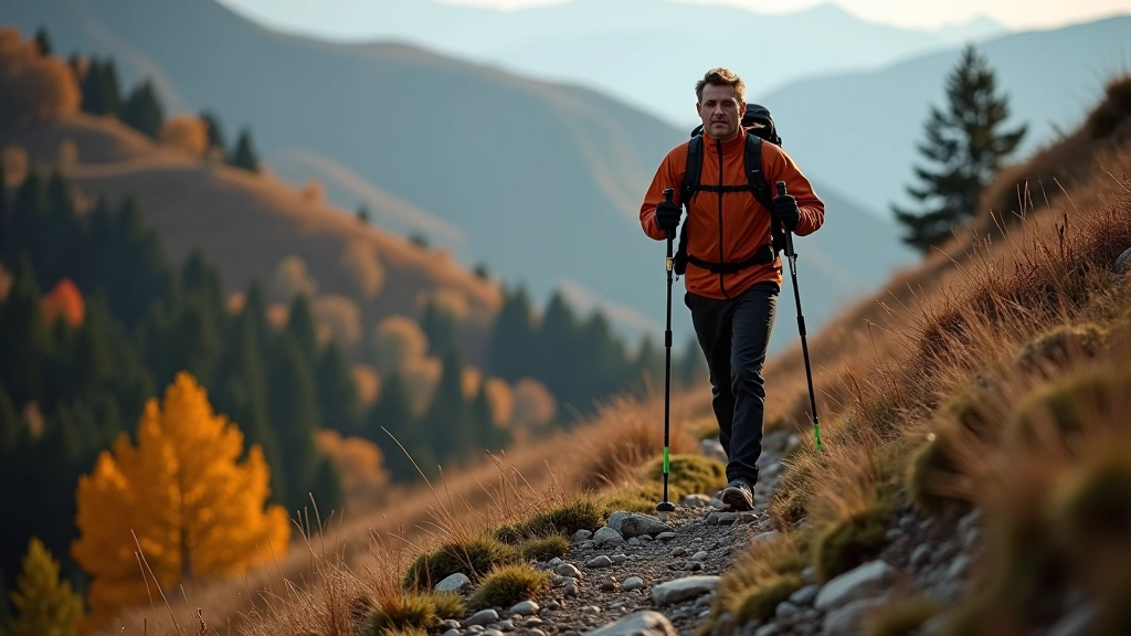 Hiker with nordic walking poles ascending mountain trail through forested Beskydy terrain with steep rocky sections