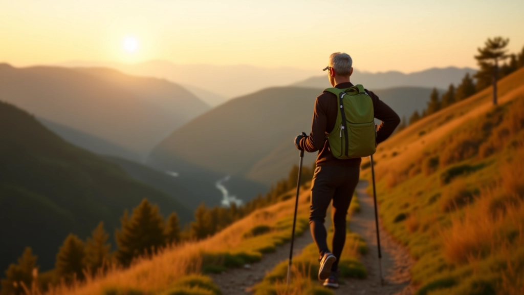 Nordic walker on mountain trail in Czech Beskydy mountains with poles