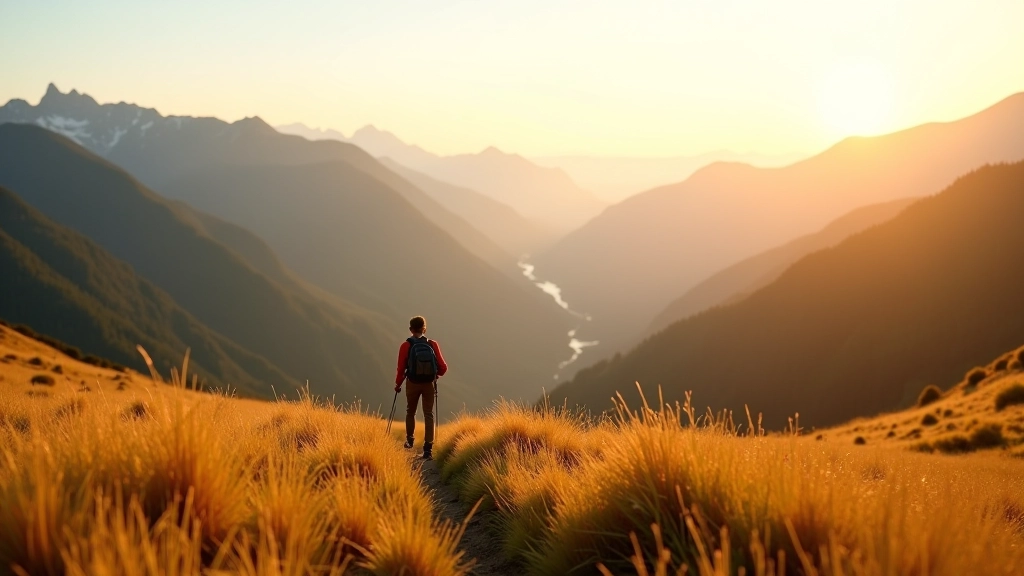 Mountain ridge trail with expansive valley views and distant peaks during golden hour sunset lighting