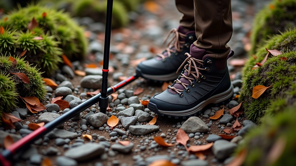 Close-up of nordic walking poles and hiking boots on rocky mountain trail with autumn foliage surrounding the path