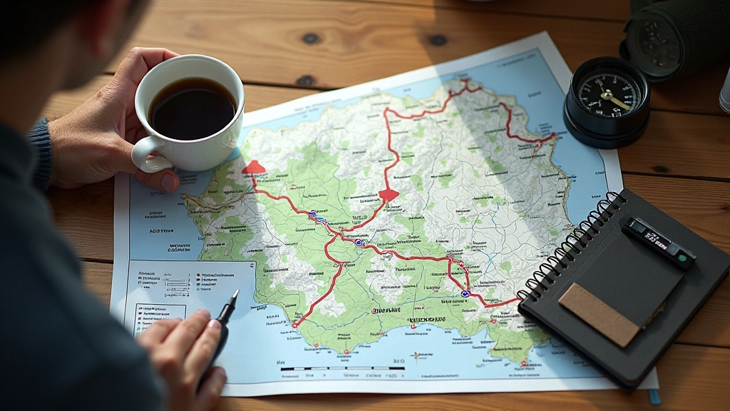 Topographic map spread on outdoor table with compass, hiking boots, and planning notebook for trail preparation