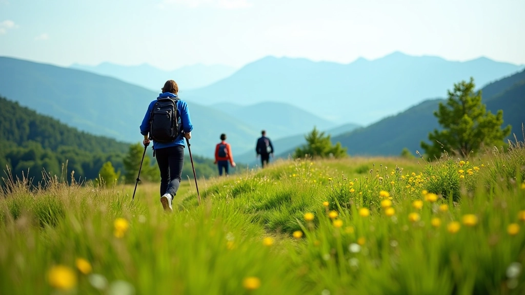 Scenic view of Jeseníky ridge path with hikers in distance on mountain trail