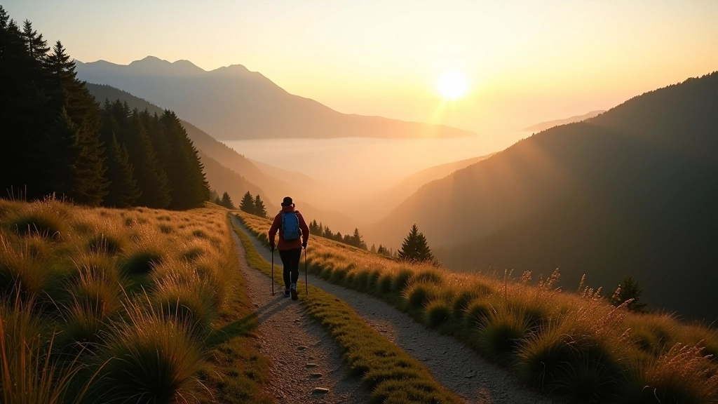 Nordic walking trail through mountain landscape with poles and proper posture demonstration